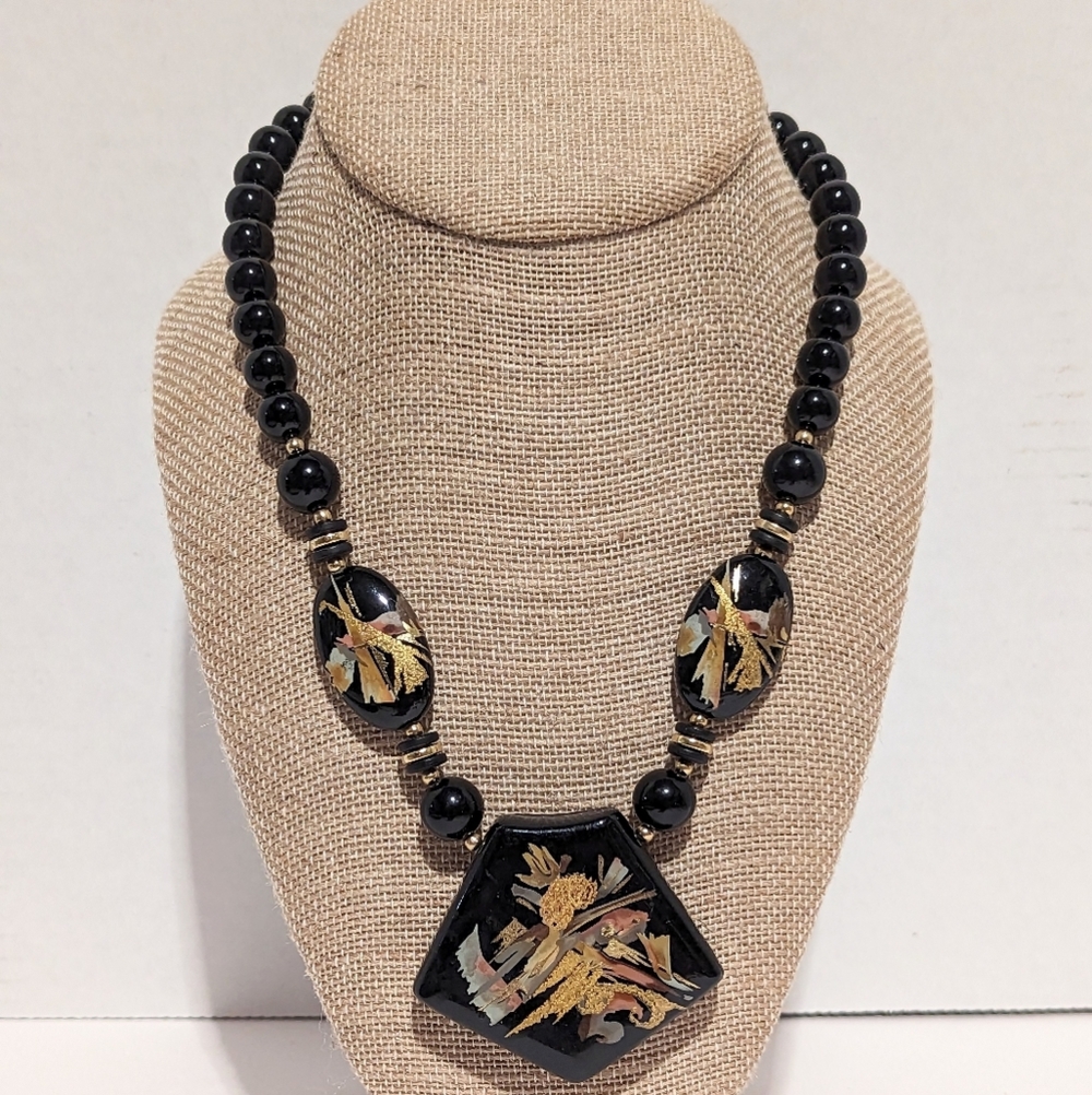 RARE Japan Black & Gold Tone Floral Necklace Hand Painted Vtg 18" Estate Find